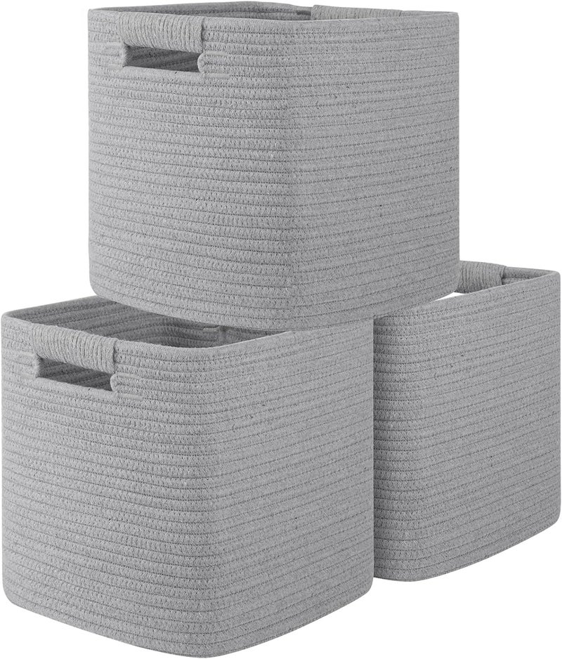 OIAHOMY Storage Cubes 11 Inch Bins-3-Pack, Cotton Rope Woven Baskets for Organizing, Square Storage Baskets for Shelves, Classroom, Kids Toy Bins, Closet, Baby Nursery-Grey - Image 1